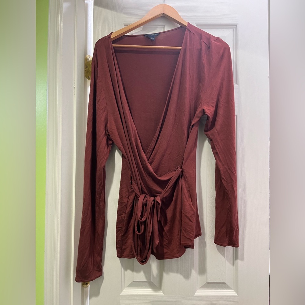 A wrap top from banana republic with full sleeves. Soft material